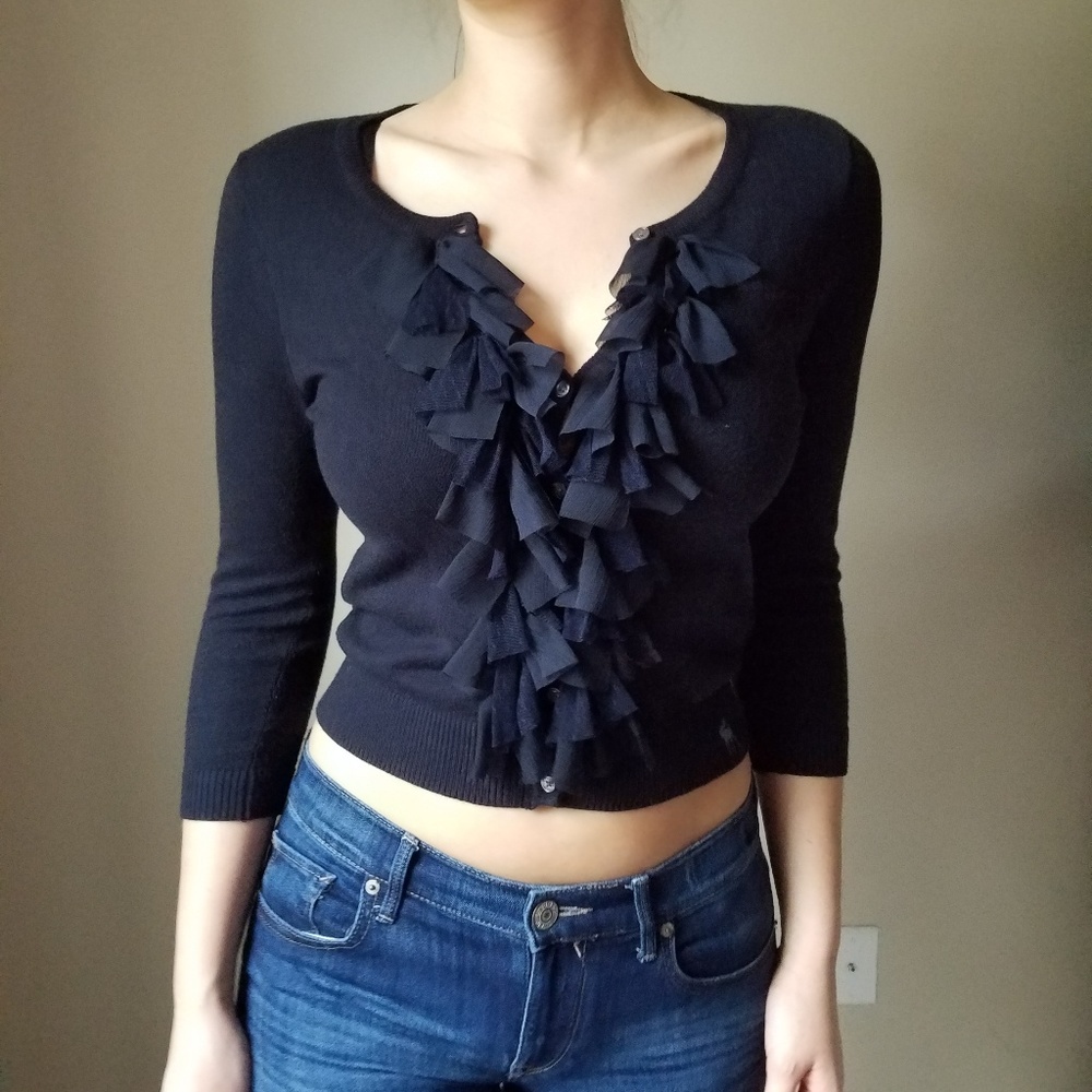 NWOT Navy Cardigan w/ Lace Fringe Detail - Picture 2 of 6